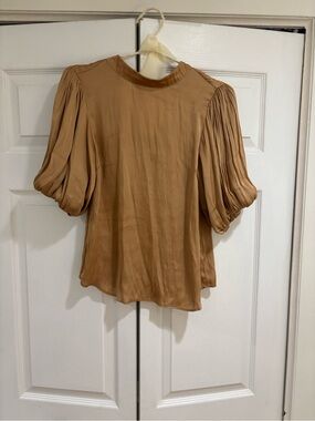 MINKPINK Puff Sleeve Satin Blouse in Camel Brown